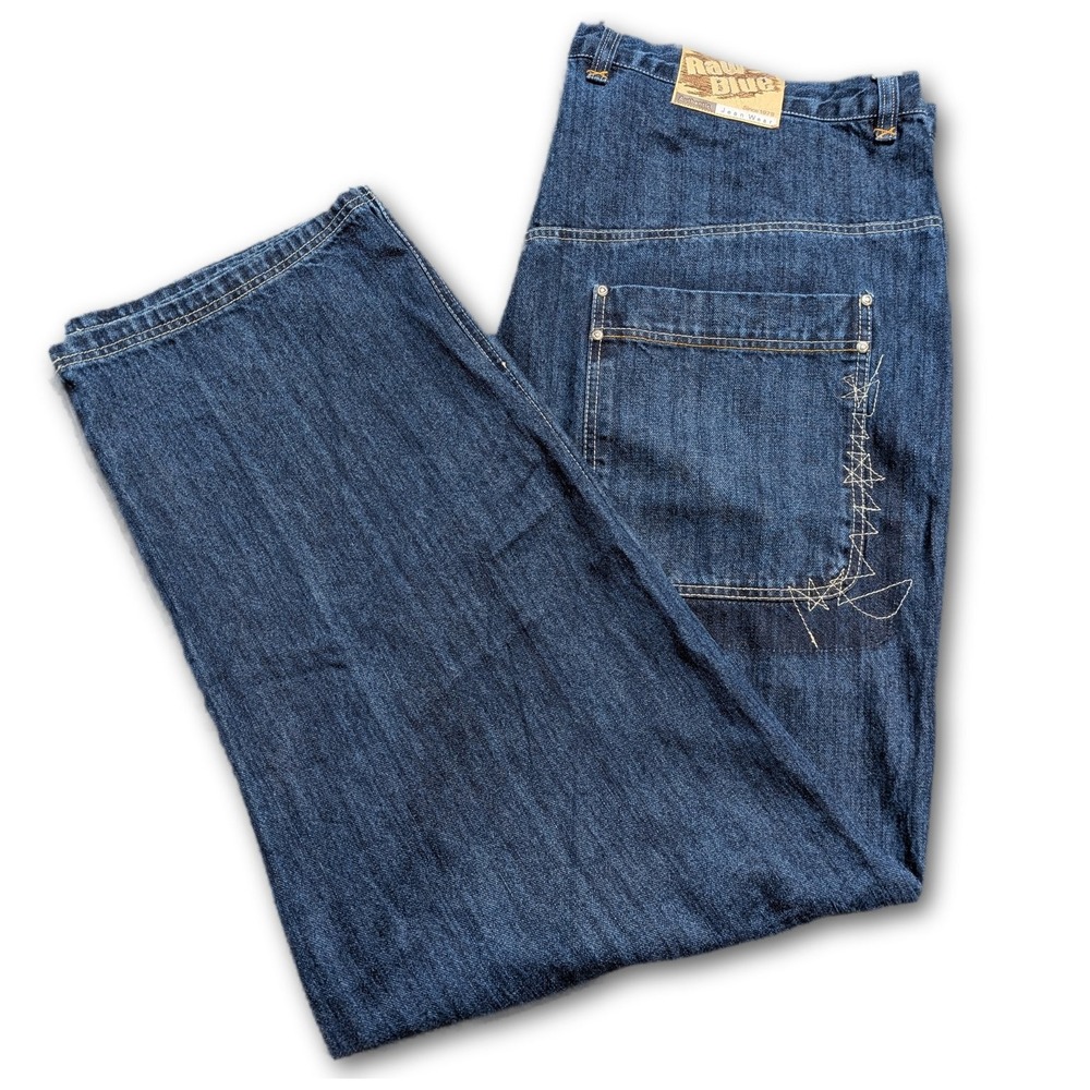 RawBlue Authentic Jean Wear Mens Jeans Blue 48x30 Raw Denim Y2K Patchwork Baggy